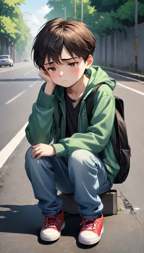 a  boy sad and seat in road said