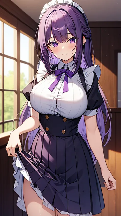 最high quality, high quality, 16K, Ultra-detailed details, pretty girl, alone, beautiful purple hair, Beautiful purple eyes, Big Breasts, A light smile, Maid clothes, Im lifting my skirt, My crotch is wet with love juice, NSFW