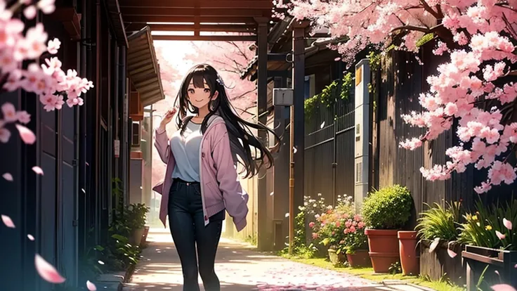 Draw a sexy 20-year-old girl with straight long black hair, smiling while standing in a tunnel of cherry blossoms. She is bathed in the spring light, with pink petals fluttering in the wind. The background features a blue sky and white clouds, evoking a se...