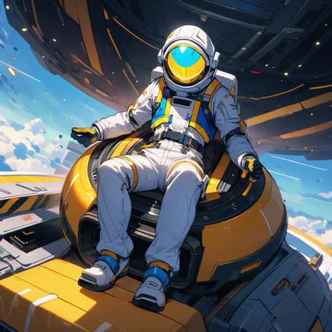 (well done: 1) white spacesuit with blue and yellow details, slightly torn blue jacket on top.  sitting on top of a space base.