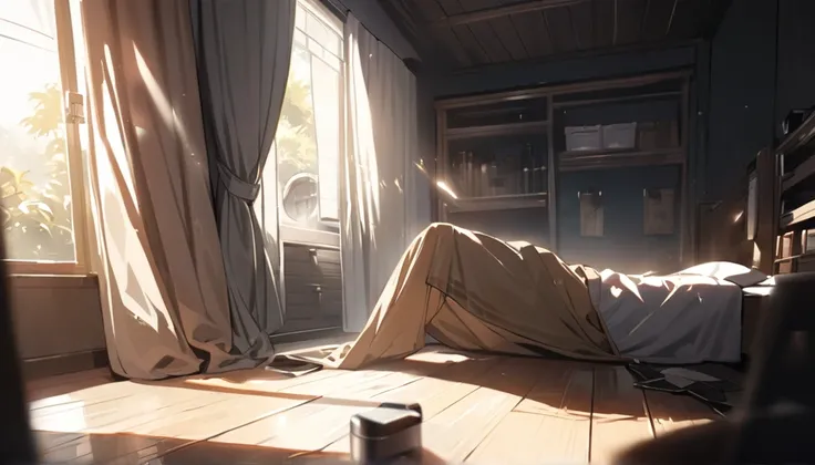 Resolution full, boy, very accurate, best quality, masterpiece,  cinematic lighting, full HD, very sharpener, a young man laying on a wooden floor inside his room as the sun light reflected from the covered curtains 