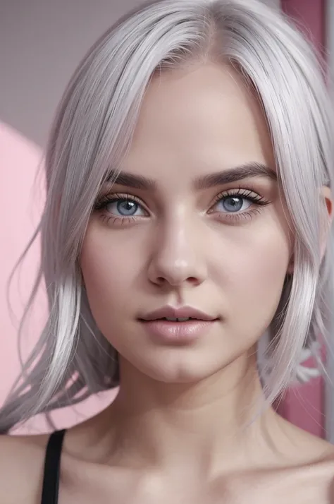 a realistic girl, White hair, grey eyes, small nose, pink lips, singer, whole body