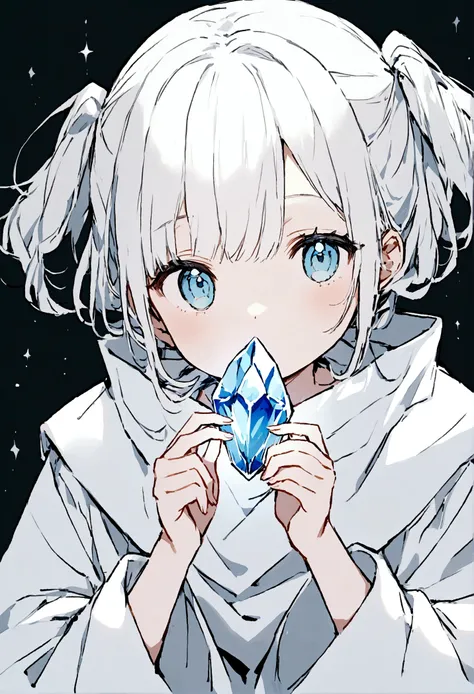 Create an image of a fortune teller.
Eves face from the front, dressed in white clothes and holding a crystal.
A shooting star on a black background.