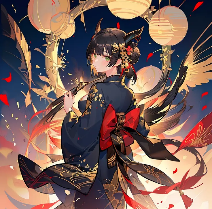 1 person、Green gorgeous kimono、,race,Black Hair、Short bun hair、hair ornaments、necklace、back、Golden devil horns、Anatomically correct,Fireworks in the night sky、