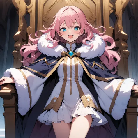 (masterpiece),(best quality),very aesthetic,(ultra-detailed),(illustration),nsfw,1girl,18yo,slender,pink hair,curly hair,disheveled hair,aqua blue eyes,enjoyable,smile,open mouth,happy,relaxing,white wizard robe,White fluffy skirt,Cloak fastened with gold ...