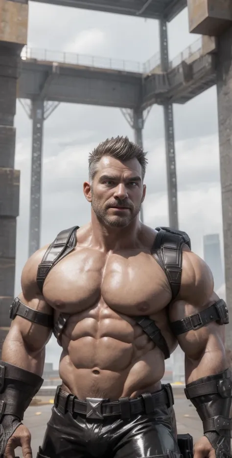 A hyper muscular rough stronger old American, aged 41, wearing a executive suit and tie made with Kevlar and latex fabric morphs into Spawn2023-inspired combat suit, male focus, bara, gear, belt, ultra detailed eyes, jacket, gauntlets, boots, tight shirt, ...