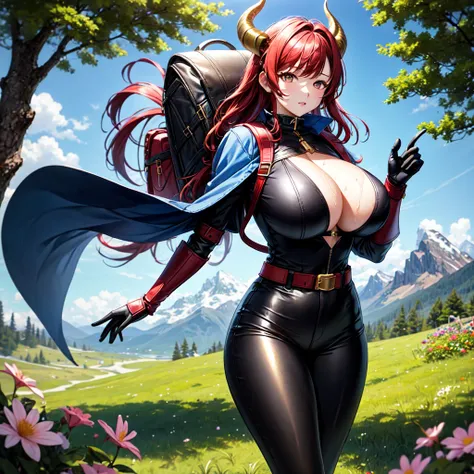 young Korean woman with golden eyes and lush red hair and large horns, wet bronze skin, huge chest, wearing a blue coat with black fur and rolled up sleeves, steel silver heavy armor, wide leather red belt with large gold yarn, leather black pants, leather...