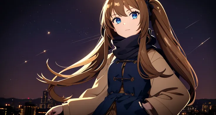 8K, best quality, masterpiece, (ultra-detailed:1.1), (high detailed skin),white background, standing, looking at viewer, 独奏, hand on hip, 
fll, twintails, 1girl，Brown long hair，Blue Eyes，1 little girl，Short height，Dark blue trench coat，Flowing scarf，avatar...