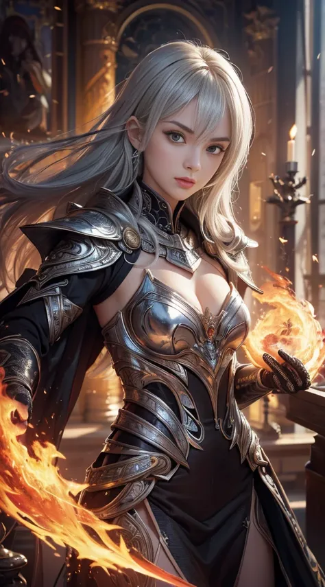 ((Ultra-thin illustration, 8K, Tabletop :1.2, Sharp focus :1.2, Depth of written boundary:1.2)), Beautiful Female Swordsman, Absurd, Highly detailed face and skin texture, Silver Hair, Jet Black Armor, Flame Armor, Cloak on Fire, Flaming Sword, Determinati...