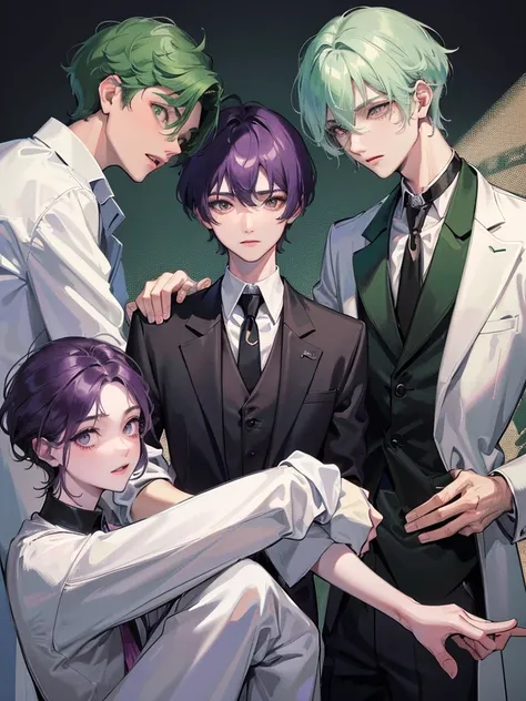 There are two elegant boys, the first boy has green hair and black and dark green clothes. The second boy has purple hair with white clothes..