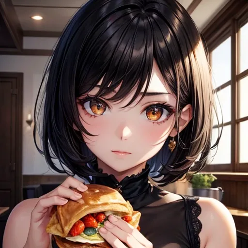 girl, Highest, masterpiece, black, Golden Eyes, black, look up, Upper Body, hair, Fair skin, Short hair　Eating a breakfast set