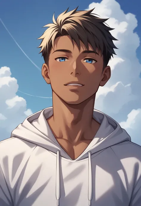 Masterpiece, Best Quality, 1Boy, brown skin ,blue eyes, wearing a hoodie, looking at a white tree