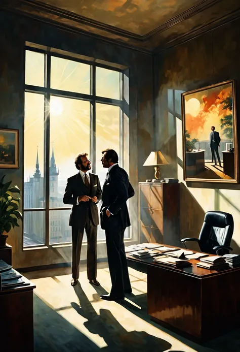 Scene with two men in suits in an office of a building arguing on a mid-sunny morning , dark fantasy  style from the 70s, with intense German-style romantic painting. Shadows and spectacular lighting.