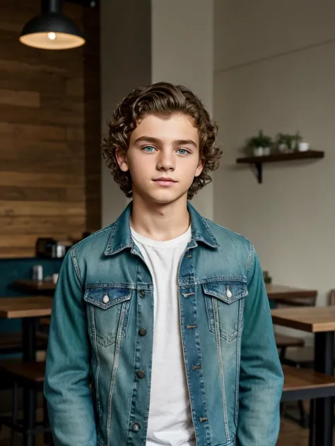 A boy, short back hair, wavy hair, green eyes. He wears a denim jacket, jeans, a handsome boy, detailed eyes, detailed face, detailed hands, he looks at the viewer. He is in a minimalist cafe background. Hes standing, full figure.