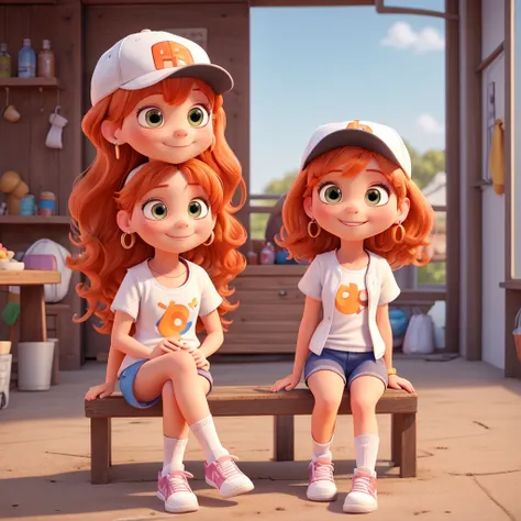 Pixar style,MG_ip,1girl,hat,solo,jewelry,sitting,baseball cap,earrings,shoes,shorts,orange hair,long hair,smile,shirt,sneakers,white footwear,chibi,blush,socks,white shirt,bottle,looking at viewer,short sleeves,white socks,vest,full body,closed mouth,