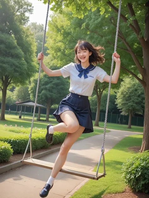 score_9, score_8_superior, score_7_superior,rating_explicit,h igh school girl, , swinging on a swing, park, daytime, smiling, happy, detailed background, trees, grass, sunlight, realistic style