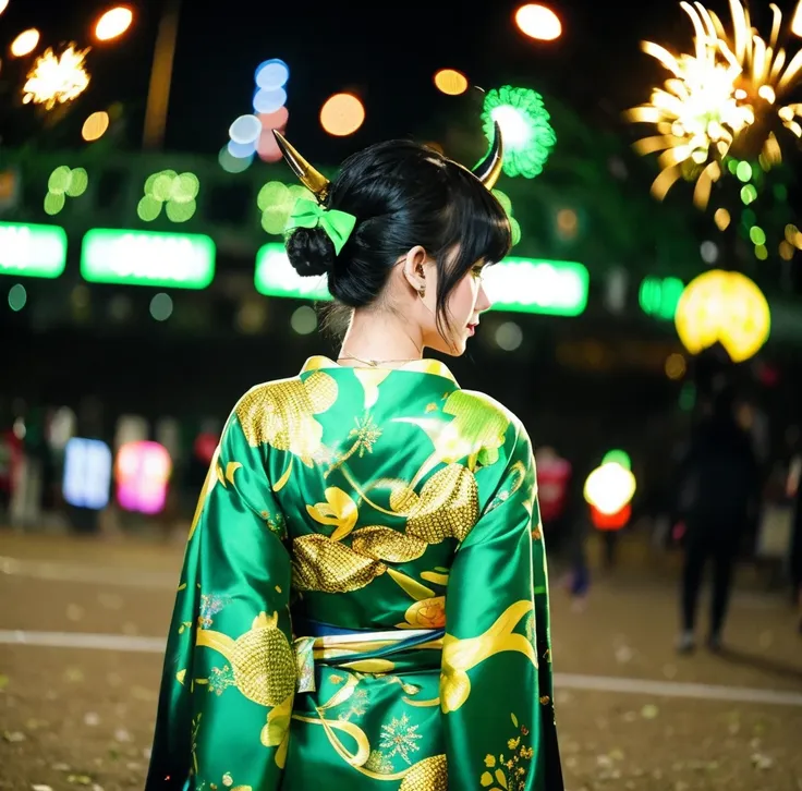 1 person、green gorgeous kimono、,race,black hair、short bun hair、hair ornaments、necklace、back、golden devil horns、anatomically corr...