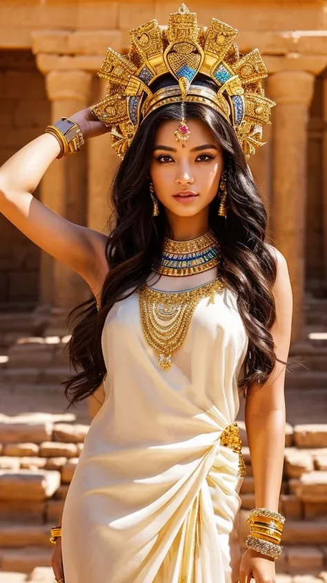 Imagine a stunningly beautiful woman, her rich, dark skin glowing under the desert sun. Her features reflect the majesty of Ancient Egypt. She is draped in a flowing white linen dress adorned with golden accents that shimmer in the light. Her eyes are inte...