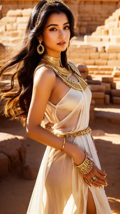 Imagine a stunningly beautiful woman, her rich, dark skin glowing under the desert sun. Her features reflect the majesty of Ancient Egypt. She is draped in a flowing white linen dress adorned with golden accents that shimmer in the light. Her eyes are inte...