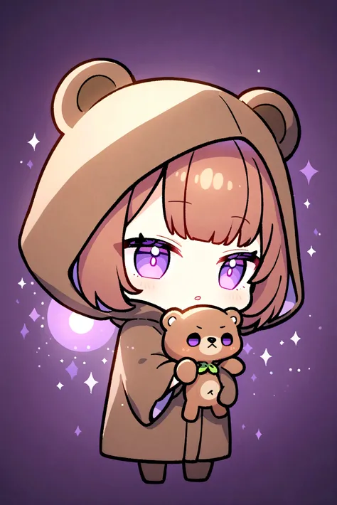 bangs bangs、Bangs、Crisp bangs、long brown hair、Wearing a dark brown bear hood、茶髪ロングのChibi Character、Wearing a dark brown bear ear hooded blanket、Purple Eyes、Purple betta background、Chibi Character、Holding a teddy bear、Bear face hood