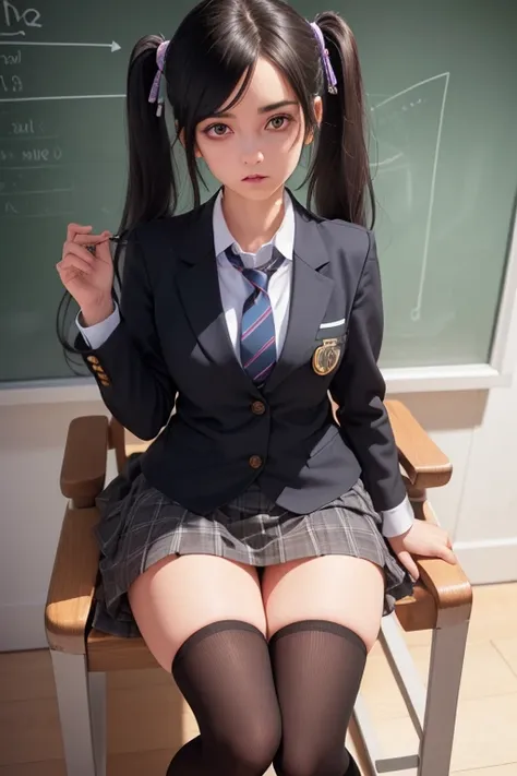 ((best quality), (hyperrealisti), mh-yk, 1 girl, standing alone, Bblack hair, eyes browns, long hair, wearing a private university uniform, blue blazer style with buttons, tie and tight skirt followed by knee-high socks,, big and fit ass,, twintails, Ar co...