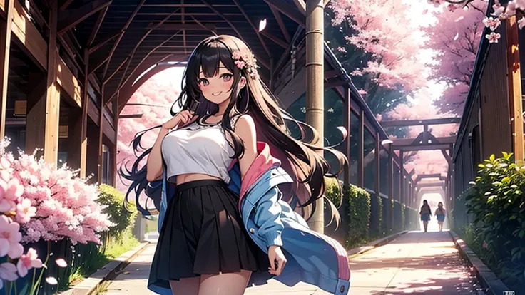 Draw a sexy 20-year-old girl with straight long black hair, smiling while standing in a tunnel of cherry blossoms. She is wearing a mini skirt and a top with a low neckline, emphasizing her figure. The spring light bathes her, with pink petals fluttering i...