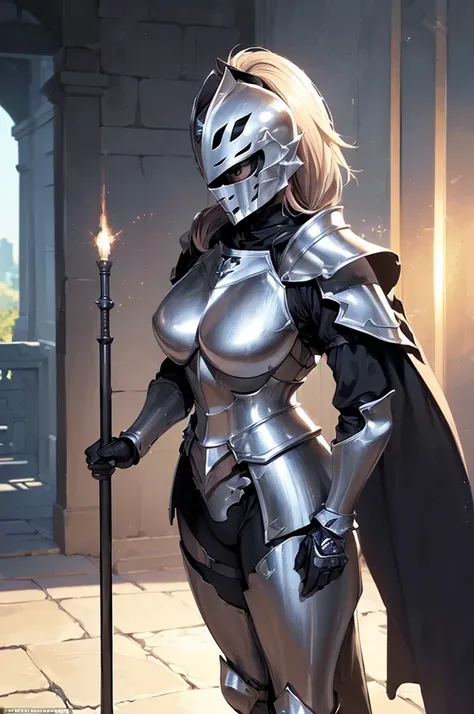 (masterpiece; best quality: 1.2), ((full armored knight woman)), ((solo)), (black eyes: 1.4), (body; toned, strong, femenine: 1.3), (beautiful and clear background: 1.2), ((depth of field)), (equipment: full plate full-black realistic armor + closed helmet...