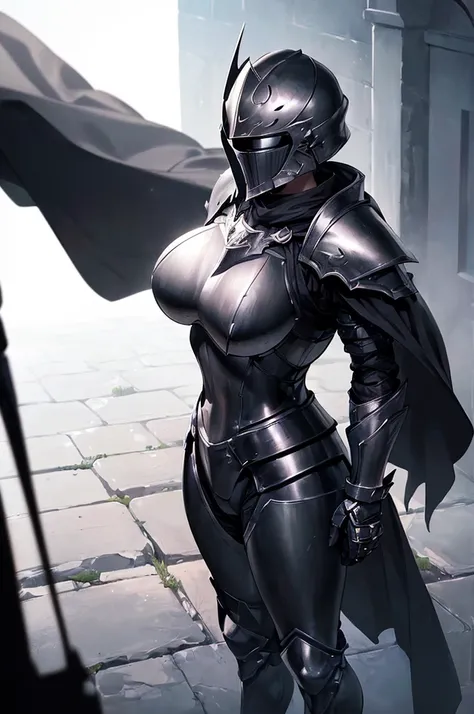 (masterpiece; best quality: 1.2), ((full armored knight woman)), ((solo)), (black eyes: 1.4), (body; toned, strong, femenine: 1.3), (beautiful and clear background: 1.2), ((depth of field)), (equipment: full plate full-black realistic armor + closed helmet...