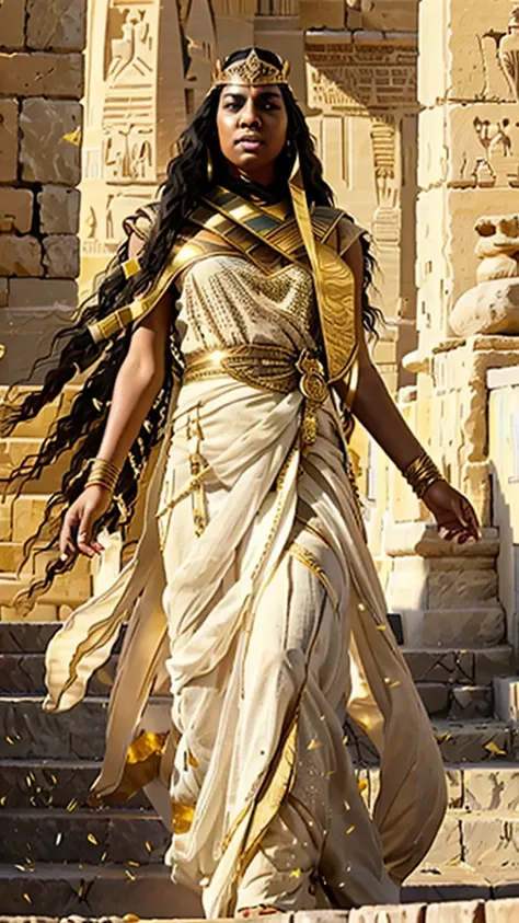 Imagine a stunningly beautiful woman, her rich, dark skin glowing under the desert sun. Her features reflect the majesty of Ancient Egypt. She is draped in a flowing white linen dress adorned with golden accents that shimmer in the light. Her eyes are inte...