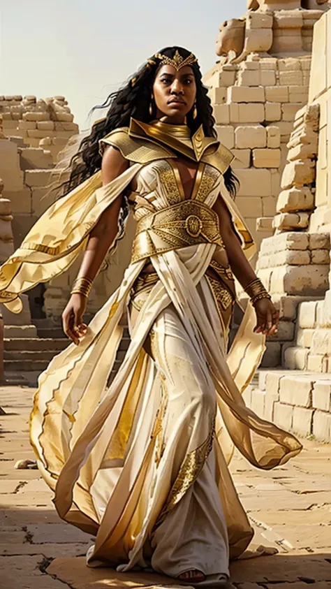 Imagine a stunningly beautiful woman, her rich, dark skin glowing under the desert sun. Her features reflect the majesty of Ancient Egypt. She is draped in a flowing white linen dress adorned with golden accents that shimmer in the light. Her eyes are inte...