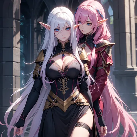 Female half-elf with blue eyes and pink curly hair wearing paladin clothes dating a female vampire with a long white hair and red eyes wearing goth clothes 