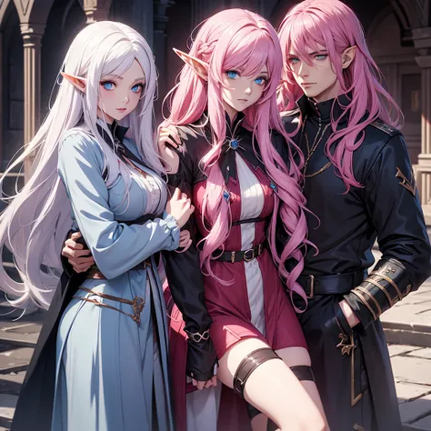 Female half-elf with blue eyes and pink curly hair wearing paladin clothes dating a female vampire with a long white hair and red eyes wearing goth clothes 