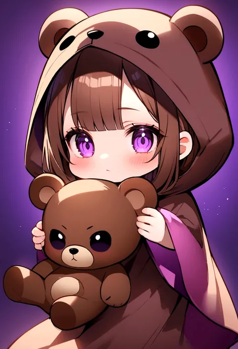 bangs bangs、Bangs、Crisp bangs、long brown hair、Wearing a dark brown bear hood、茶髪ロングのChibi Character、Wearing a dark brown bear ear hooded blanket、Purple Eyes、Purple betta background、Chibi Character、Holding a teddy bear、Bear face hood