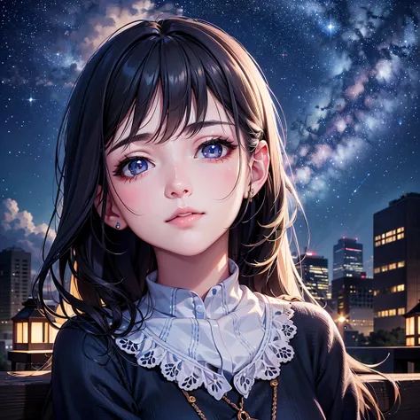 a detailed portrait of a girl sitting outdoors at night, looking up at the starry sky with the milky way, surrounded by a night ...