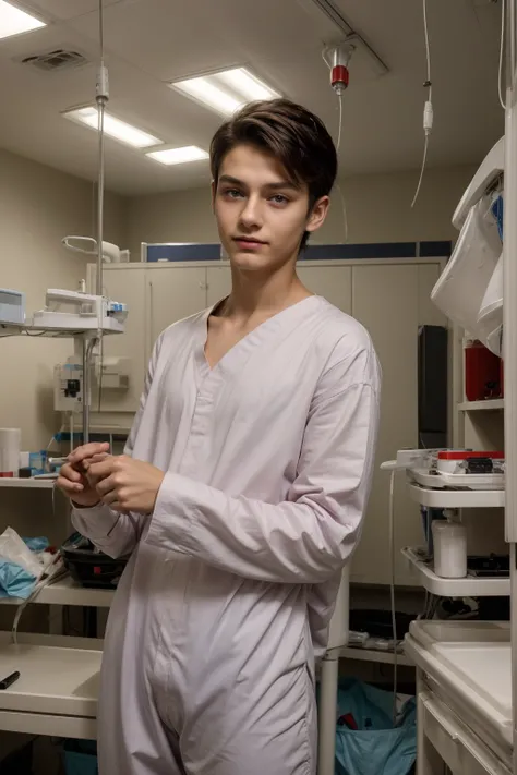 A beautiful young male twink with a face with reddish make-up and black hair. He is wearing a long-sleeved, white shirt and aqua blue pants, and there is blood on his shirt. He is in the surgical operating room, with medical equipment and medical tools beh...