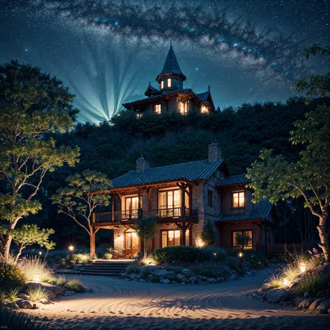 A stunning illustration of an Island oasis under the moonlight, rendered in lavish digital painting, depicting a tranquil utopia bathed in an ethereal, soft blue glow, with delicate silver glitter dispersed across the lush, emerald-green foliage and powder...