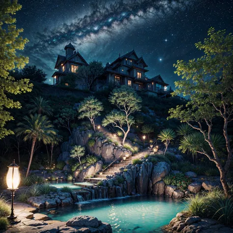 A stunning illustration of an Island oasis under the moonlight, rendered in lavish digital painting, depicting a tranquil utopia bathed in an ethereal, soft blue glow, with delicate silver glitter dispersed across the lush, emerald-green foliage and powder...