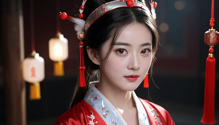 best quality, masterpiece, mackerel, 1 woman, chinese hanfu,Chinese architect background, red scarf, headdress,necklace, bijouterie,beautiful face,...to_body, Tyndall effect,realistic, dark studio, rim lights, two tone lighting,(highly detailed skin:1.2), ...