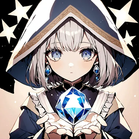 Create an image of a fortune teller.
Eves face from the front, dressed in white and holding a crystal.
Gold accents,
a black background with a shooting star