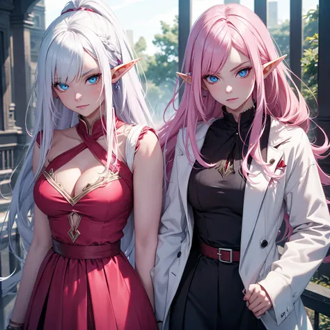 half-elf with blue eyes and pink hair dating a vampire with white hair and red eyes