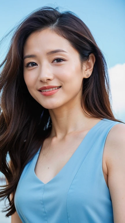 ((Highest quality、8K、masterpiece:1.3))、Photorealistic, Sharp focus, high resolution, High resolution,Portraiture, One person、Japanese、woman, beautiful woman, ((( Sky Blue Dress)))、30 years old, plump, Medium Long Hair,smile