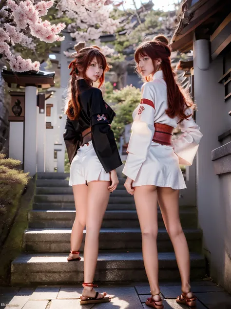 ((masterpiece,best quality)),2girls, black kimono, black legwear, black ribbon, black hair, cherry blossoms, day, flower, hair bun, hair ribbon, japanese clothes, kimono, long hair, looking at viewer, looking back , multiple girls, belts, outdoors, red eye...