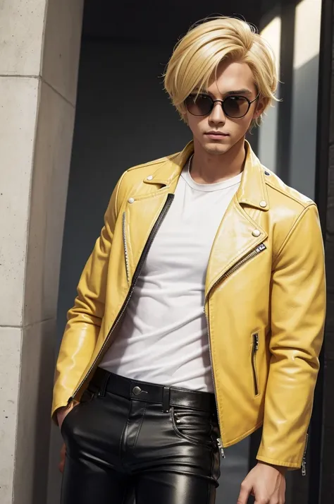 American man with blonde hair/Dorado, short hair, young adult, wearing a pastel yellow leather jacket, white shirt underneath and black leather pants. calm expression, wearing round glasses.