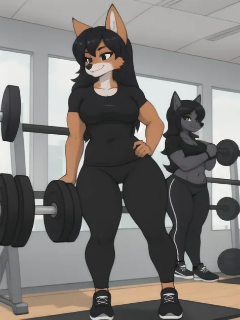 Furry, fox, female, black shirt, black leggings, shoes, gym, teen, standing, full body