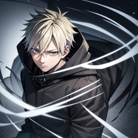 one japanese man, blonde hair with a black streak, grey eyes, wearing a black parka, jujutsu kaisen background, high res, ultrasharp, masterpiece, jujutsu kaisen style