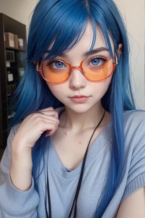 blue haired girl, pink eyes and orange glasses
