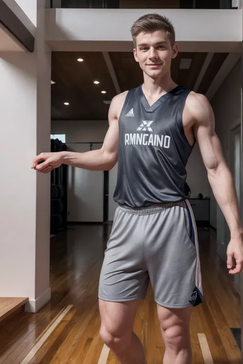 1boy, (Blue Eyes), happy smile,caucasian boy,18 years old,young, slim body, slender, skinny body build, child-like, twink,(basketball gym,) high ceiling, (hardwood floor), (basketball court), LoganRobbins, basketballplayer, basketball uniform, (gray jersey...