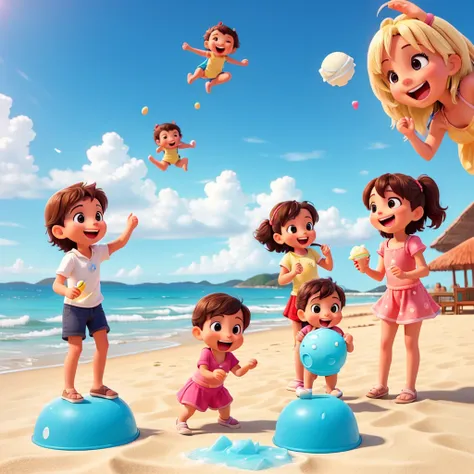 great! I can help you refine this prompt. Heres a suggestion:

"Image of three babies playing on the beach and having fun while eating ice cream. They are laughing and having fun in the sand, with the sea in the background and a clear blue sky. The scene i...