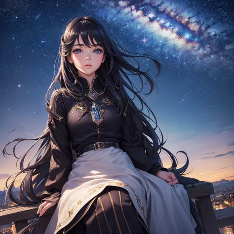 a detailed portrait of a girl sitting outdoors at night, looking up at the starry sky with the milky way, surrounded by a night cityscape with buildings silhouetted against the night sky, long hair, (best quality,4k,8k,highres,masterpiece:1.2),ultra-detail...