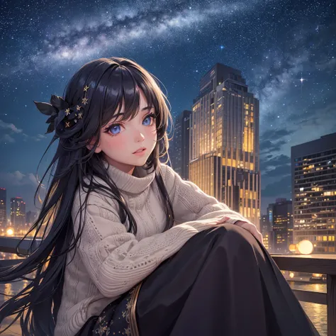 a detailed portrait of a girl sitting outdoors at night, looking up at the starry sky with the milky way, surrounded by a night cityscape with buildings silhouetted against the night sky, long hair, (best quality,4k,8k,highres,masterpiece:1.2),ultra-detail...